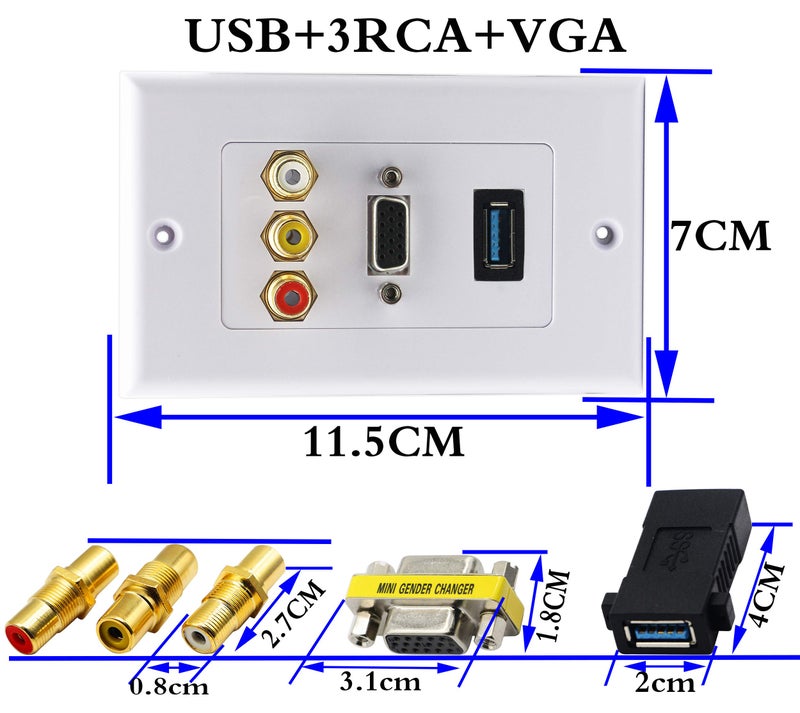 zdyCGTime 3RCA+USB 3.0A+VGA Wall Plate USB Component Composite Audio Video Wall Charger Outlet Mount Socket Face Plate Panel Cover White(3RCA&USB&VGA) - Image 2